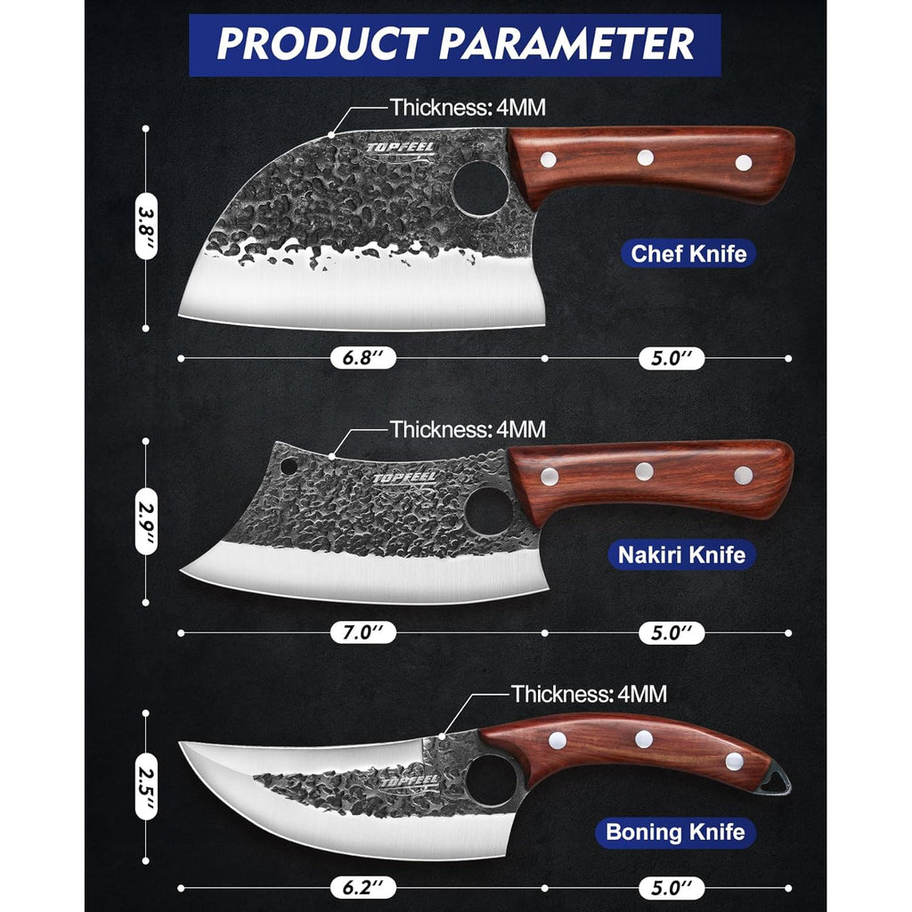 Topfeel 3PCS Butcher Knife Set, Hand Forged Serbian Chef Knives & Meat Cleaver & Viking Knives, Meat Cutting Kitchen Knife Set for Home, Outdoor Cooking, Camping BBQ Gift Idea Men
