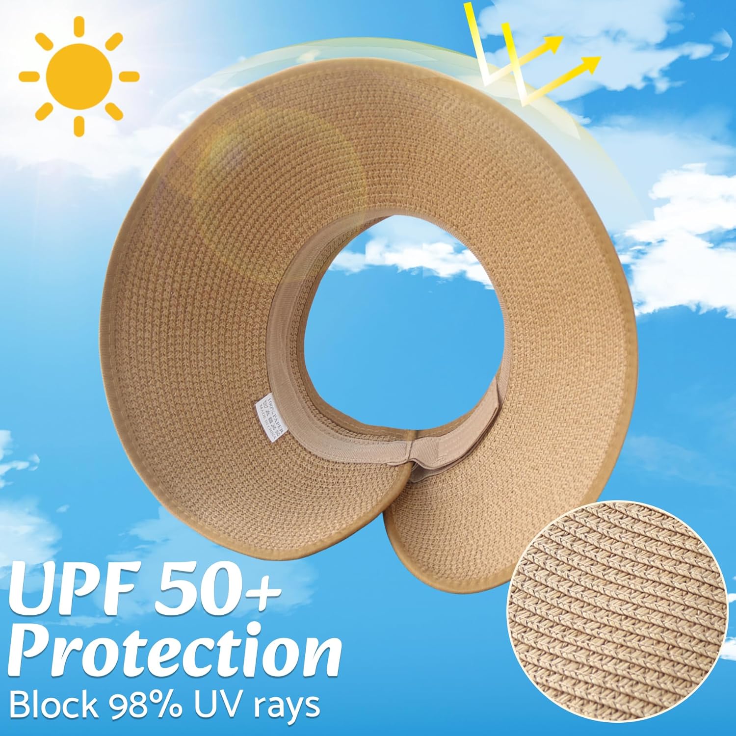 NPQQUAN Sun Visor Hats for Women Wide Brim Ponytail Straw Beach Hat Packable Foldable UPF 50+ Floppy Travel Hats