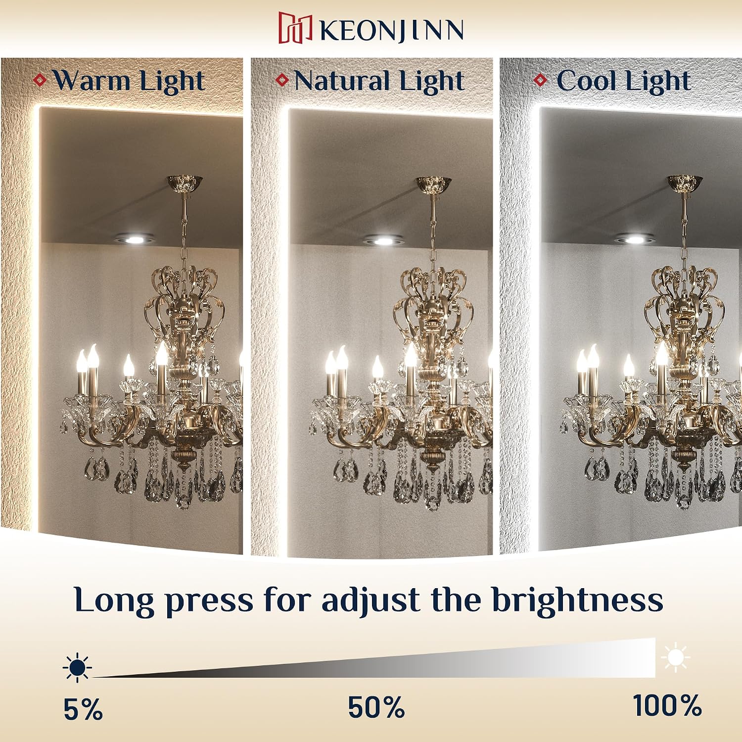 Keonjinn 72 X 36 Inch Led Bathroom Mirror With Lights, Backlit Mirror 3 Colors Lights, Hd Tempered Glass, Safe Defogging, Stepless Dimmable, Ul Listed Power Driver, Wall Mounted Lighted Vanity Mirror