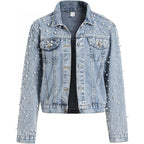 Women'S Pearls Denim Jacket Cropped Rhinestones Jean Jacket Coat
