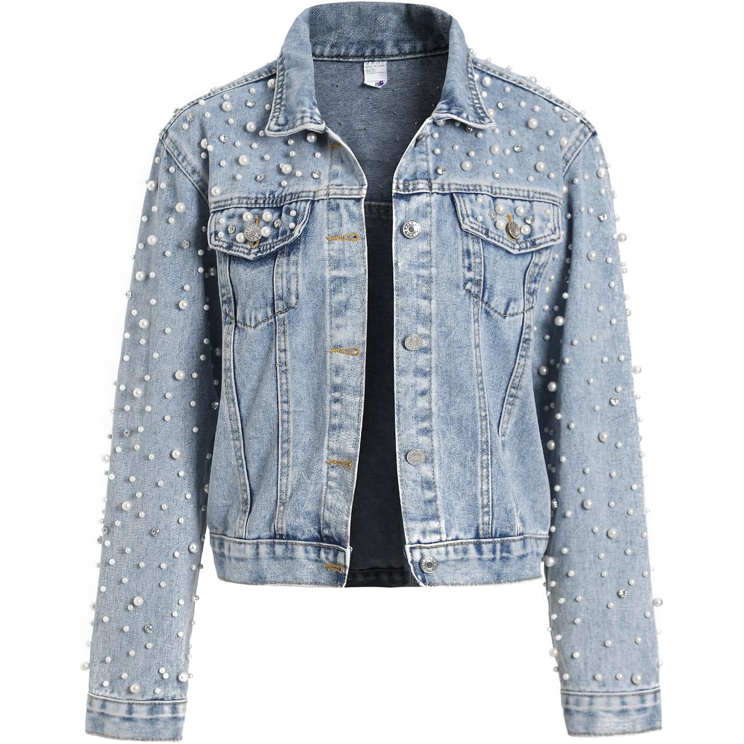 Women'S Pearls Denim Jacket Cropped Rhinestones Jean Jacket Coat