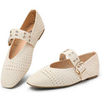 Trary Knit Flats for Women Square Toe Ballet Flats with Buckle Straps Mary Jane Shoes Women Comfortable Casual Dress Shoes for Work Daily Wear