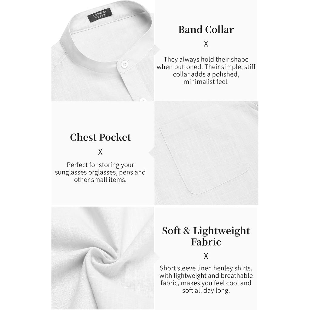 Coofandy Men'S Cotton Linen Henley Shirt Short Sleeve Hippie Casual Beach T-Shirts With Pocket