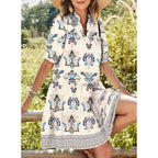 Dokotoo Casual Dresses For Women Lapel Collared V Neck Mid Sleeved Pleated Summer Dresses For Women 2026 Midi Dresses