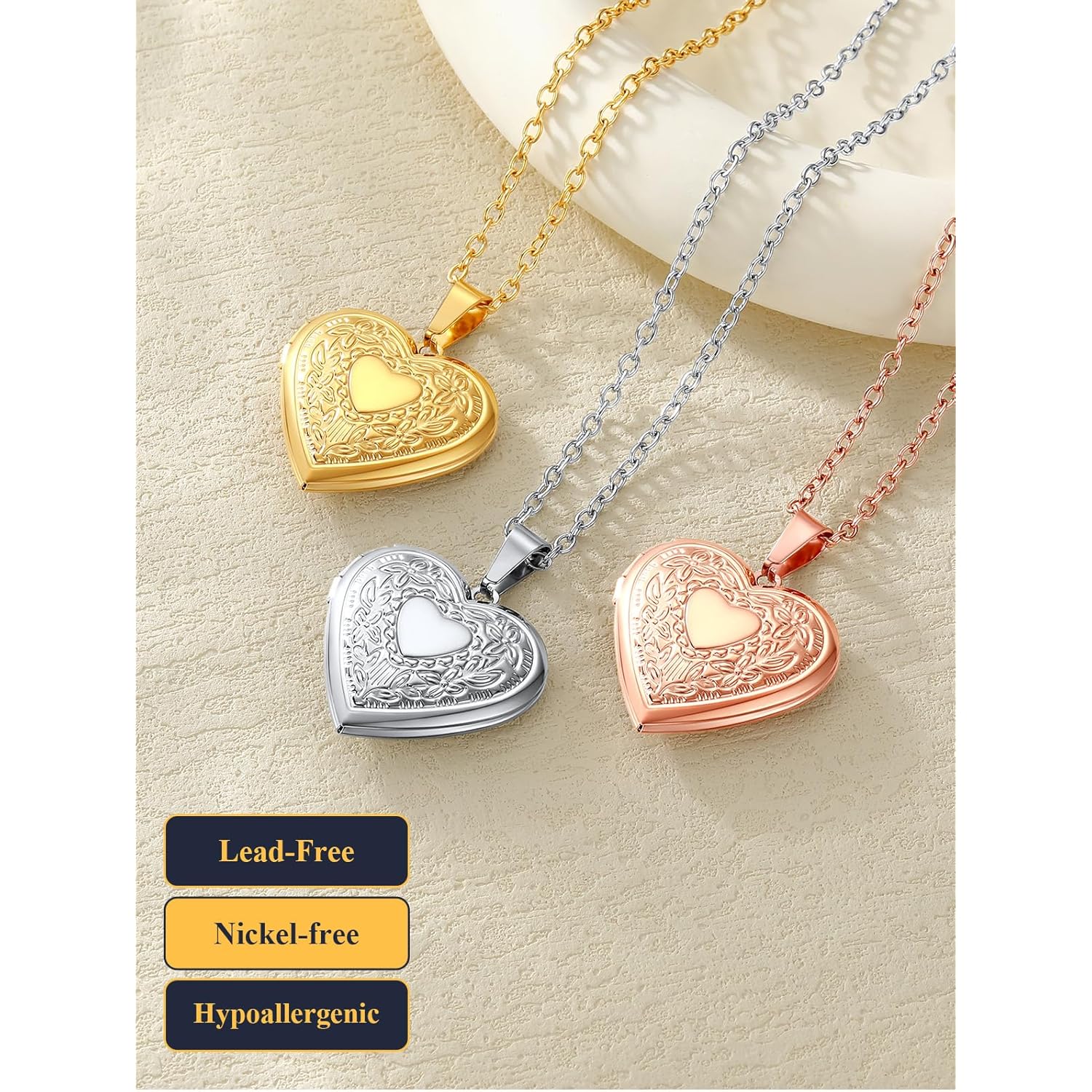 U7 Women Locket Necklace Platinum 14K Gold Photo Lockets that Hold Picture,Chain 20 Inch Personalized Gift Custom Love Heart Image Necklaces