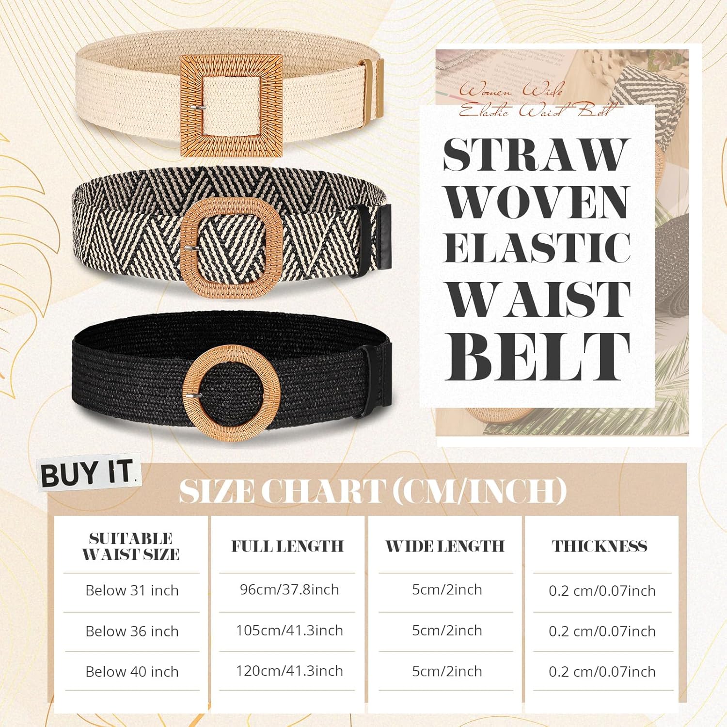 Syhood 3 Pieces Straw Woven Elastic Waist Belt for Women Bohemian Dress Braided Belt