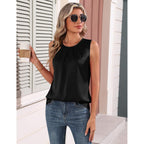 Zeagoo Womens Silk Satin Tank Tops Crew Neck Pleated Camisole Sleeveless Business Work Blouse Dressy Casual Summer Shirt