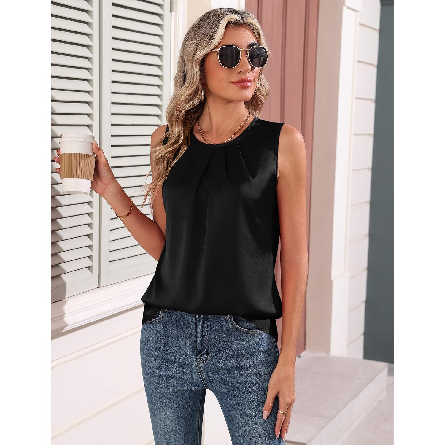 Zeagoo Womens Silk Satin Tank Tops Crew Neck Pleated Camisole Sleeveless Business Work Blouse Dressy Casual Summer Shirt