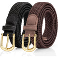 2 Pack Braided Belt for Women, Elastic Woven Stretch Fabric Cloth Belt with Gold Buckle