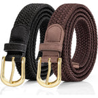 2 Pack Braided Belt for Women, Elastic Woven Stretch Fabric Cloth Belt with Gold Buckle