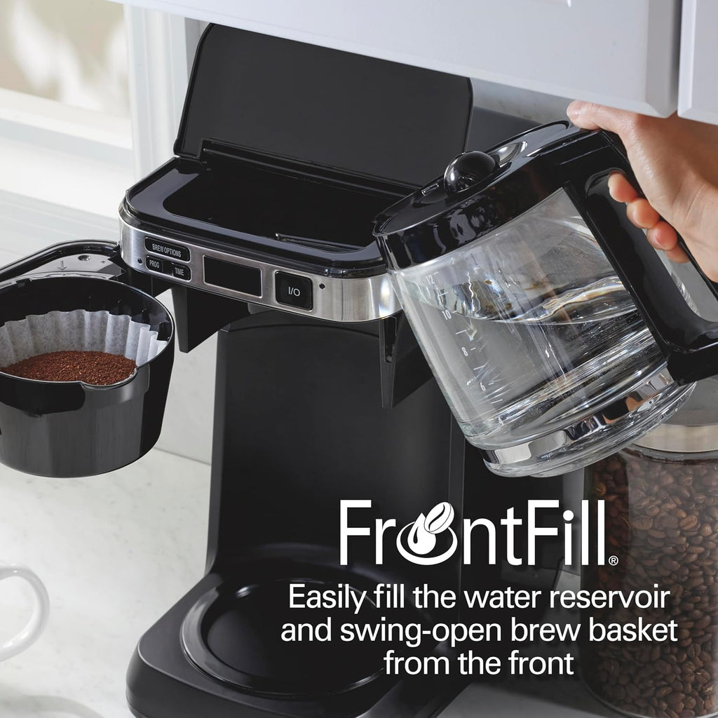 Hamilton Beach Frontfill 12 Cup Programmable Drip Coffee Maker | Regular & Bold Brew Options | Auto Pause And Pour | Glass Carafe | Black With Stainless Accents | 46310