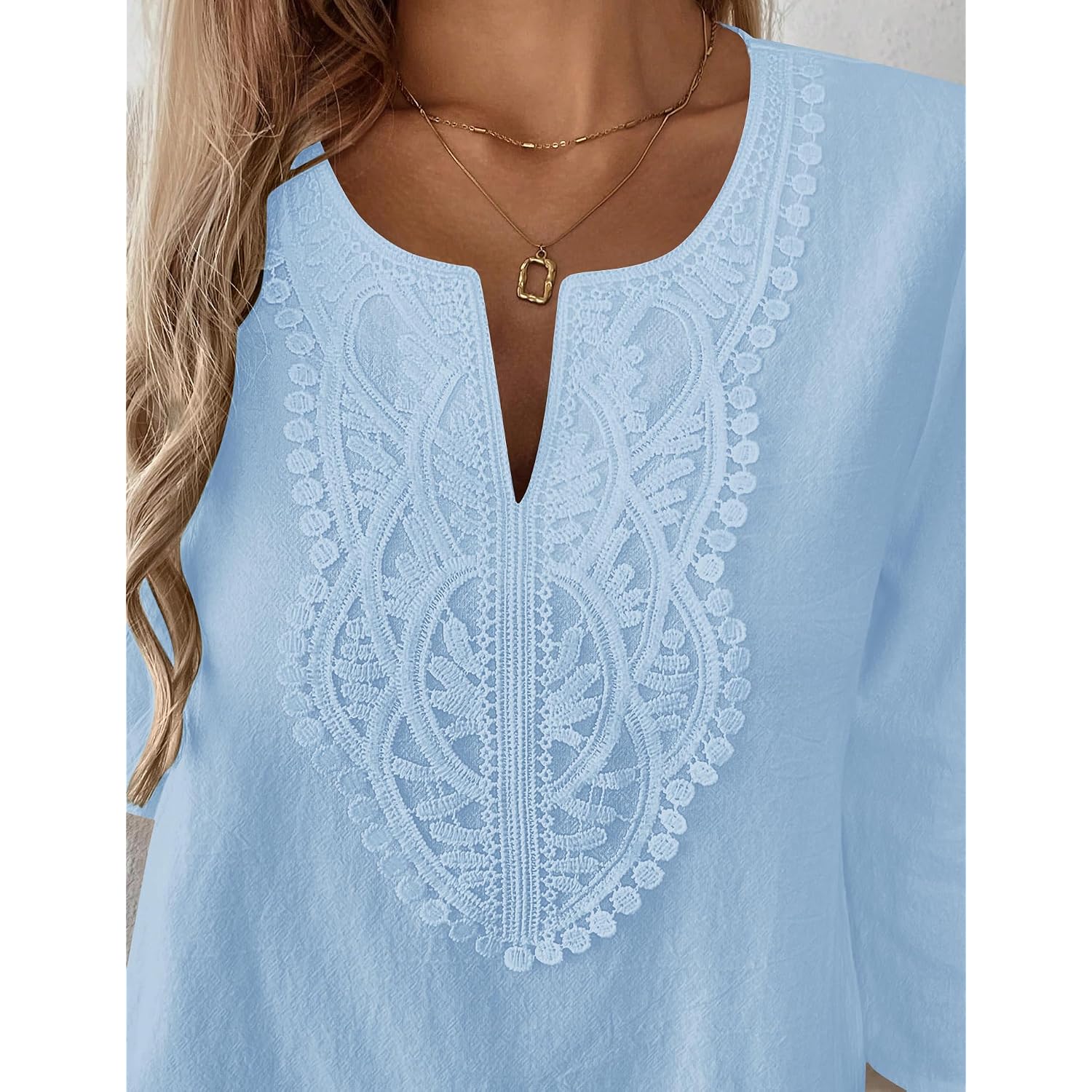 Lomon Womens Short Sleeve Tops Cotton Linen Shirts Loose Casual V Neck Lace Blouses Summer Vacation Clothes