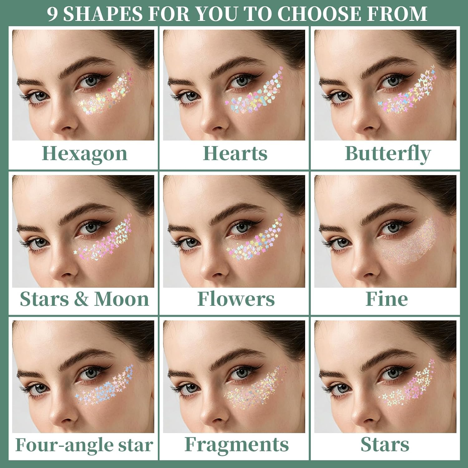 Teenitor Clear White Body Glitter Face Glitter Hair Glitter for Women, 9 Shapes Face, Body Hair Glitter Gel, Makeup Glitter for Concerts Music Festival Birthday Party Halloween