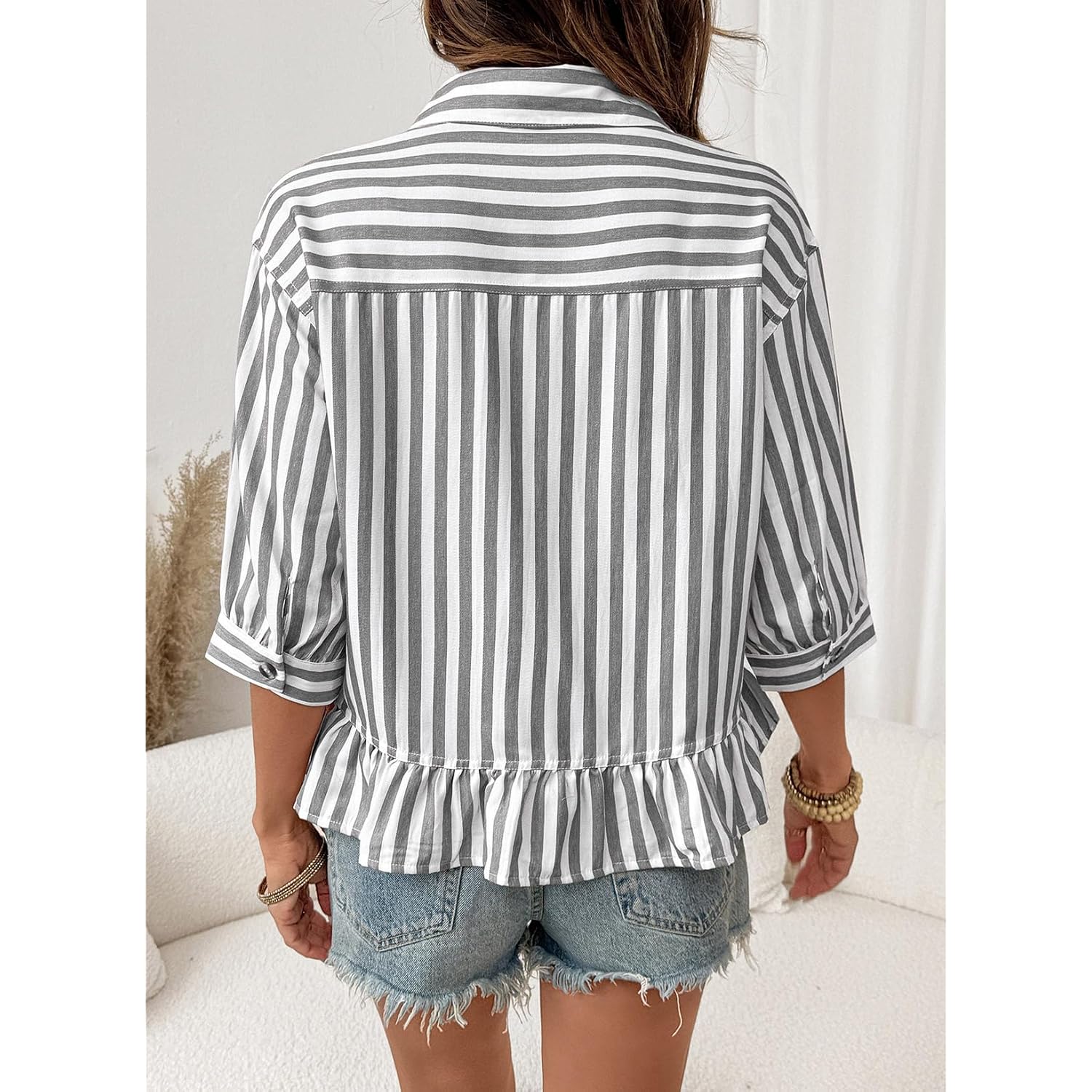 Dokotoo Cropped Button Down Striped Shirt 3/4 Length Sleeve Womens Tops Dressy Casual Blouses Babydoll Tops