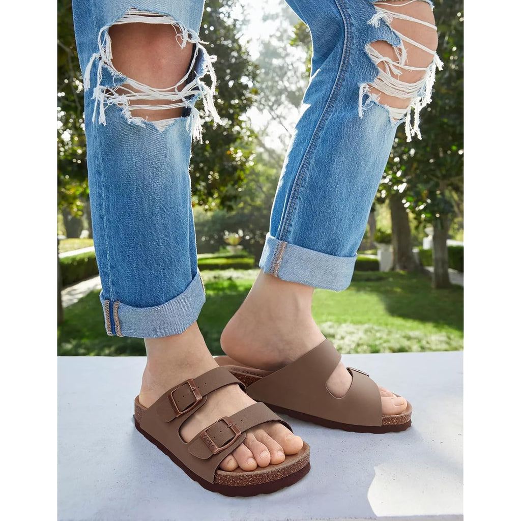 Odoly Unisex Comfortable Cork Footbed Slide Sandals With Arch Support | Adjustable Buckle, Lightweight Summer Sandals For Travel And Everyday Wear