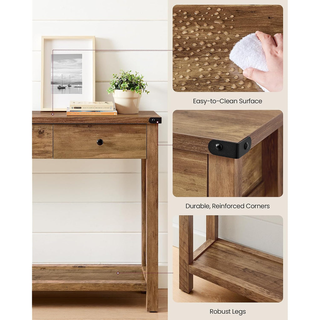 Vasagle Liry Collection Narrow Console Table With 3 Drawers, Brown | Sofa Table With Storage Shelf, Metal Corners, Farmhouse Style, Ulnt142Kb02S