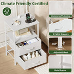 Somdot White Nightstand With Charging Station And Led Light For Bedroom, 2 Drawers Dresser With Fabric Bins For Bedside Kids Dorm Room Closet Laundry Entryway, White Leather
