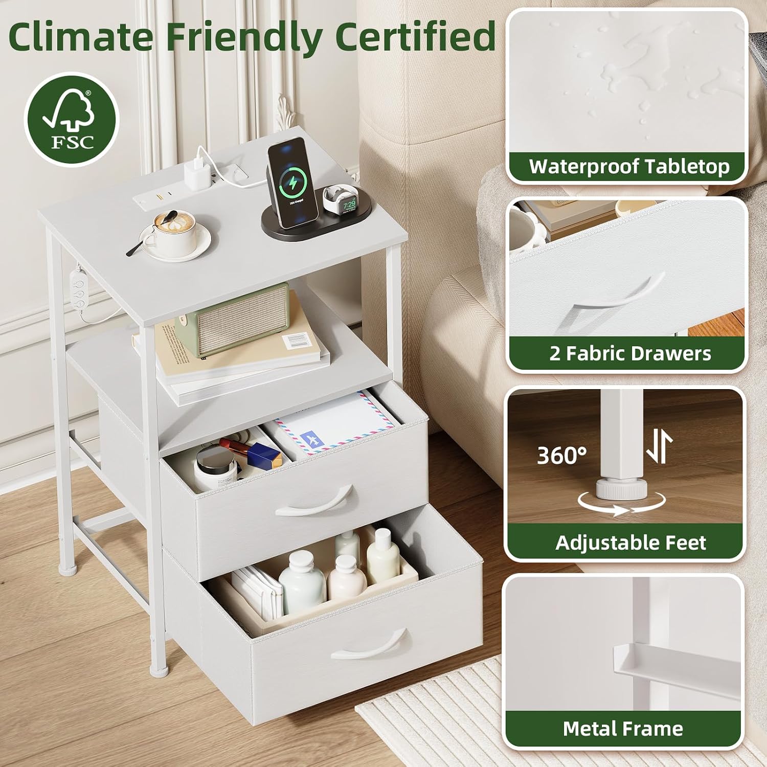 Somdot White Nightstand With Charging Station And Led Light For Bedroom, 2 Drawers Dresser With Fabric Bins For Bedside Kids Dorm Room Closet Laundry Entryway, White Leather
