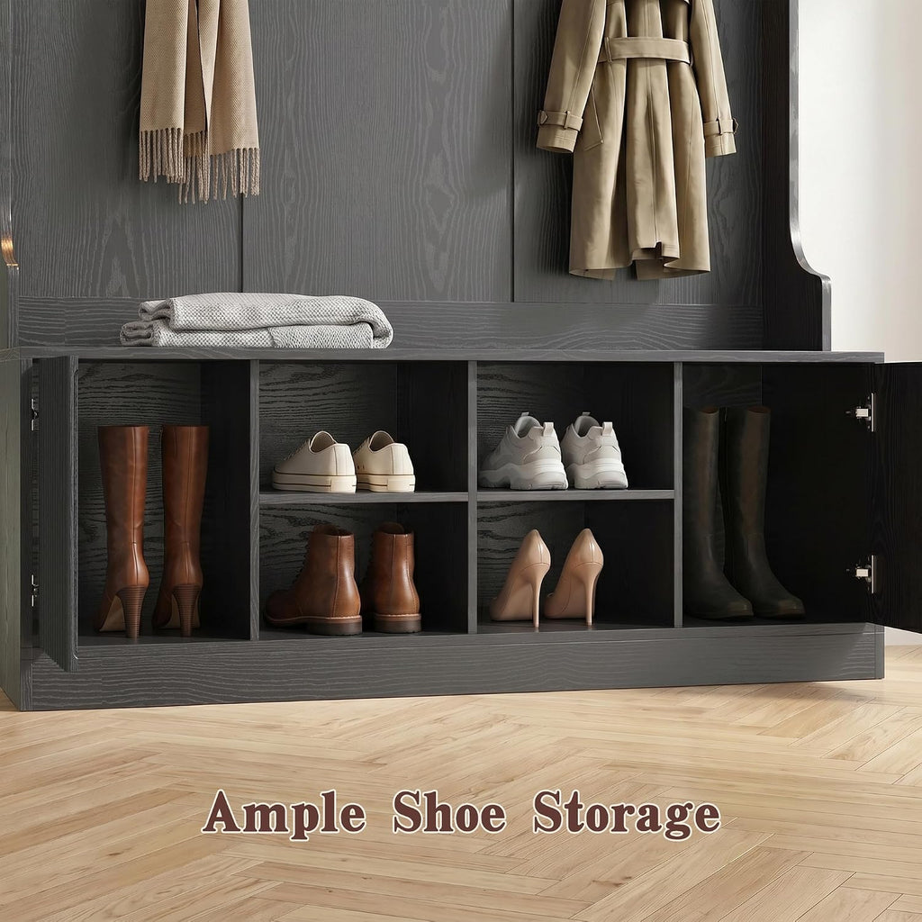 Hall Tree With Bench And Shoe Storage, 5-In-1 Entryway Coat Rack With Led Sensor Light, Hooks And Storage Cubes, Shoe Cabinet With Fluted Door, Modern Hall Tree For Entryway, Living Room