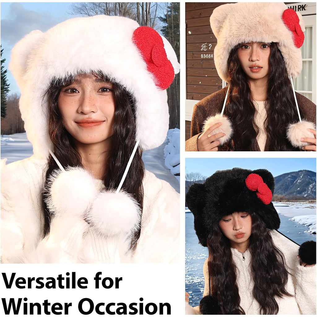 Winter Warm Faux Fur Trapper Hat for Women Cute Furry Cat Ear Hats Thick Plush Cozy Animal Hat with Pom Pom & Ear Cover