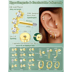 Hypoallergenic Flat Back Earrings 14K Gold Plated Cartilage Earring Stacks for Sensitive Ears Surgical Steel Small Huggie Hoops Flatback Stud Earrings Set for Multiple Piercing Jewelry Gift for Women