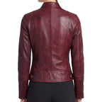 Women’S Real Lambskin Leather Jacket - Moto Cafe Racer Jacket With Zip Pockets & Snap Collar