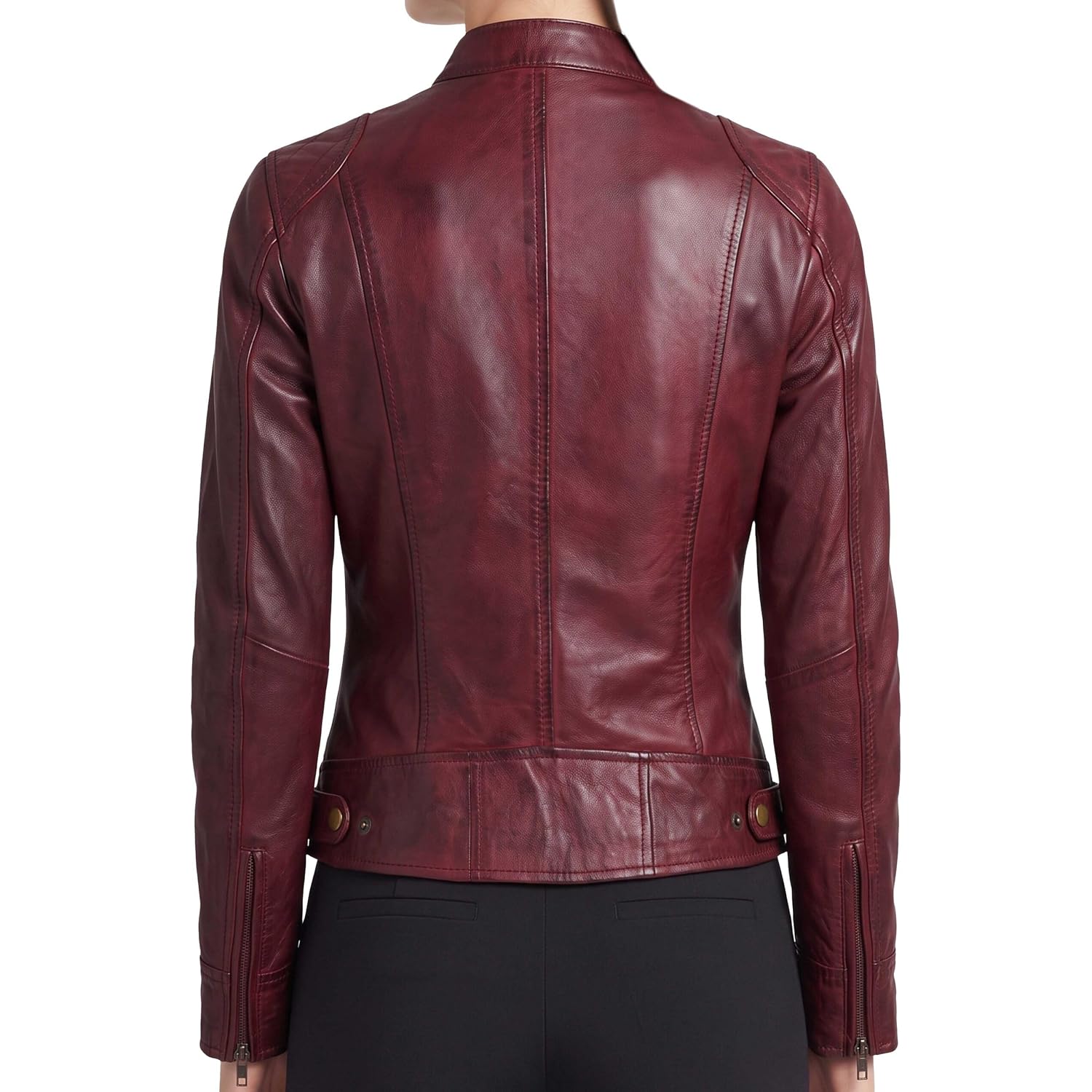 Women’S Real Lambskin Leather Jacket - Moto Cafe Racer Jacket With Zip Pockets & Snap Collar