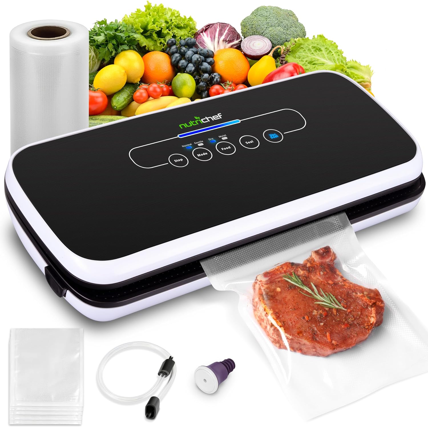 Nutrichef Automatic Vacuum Air Sealing System For Food Preservation With Starter Kit, Compact Design, Lab Tested, Dry & Moist Food Modes With Led Indicator Lights, Black