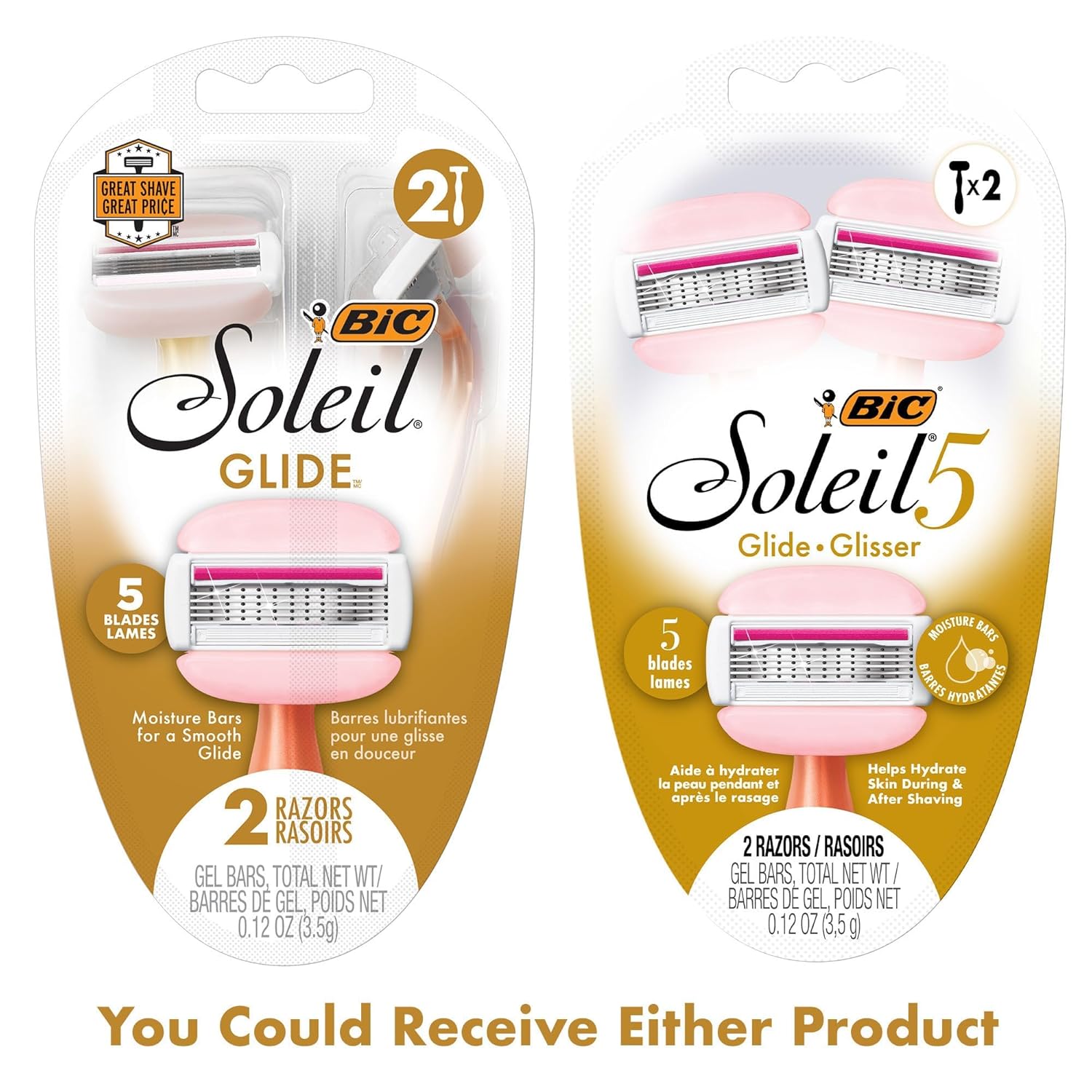 BIC Soleil 5 Glide Women's Disposable 5-Blade Razors, Smooth Glide With Shea Butter Moisture Bars, 2-Pack