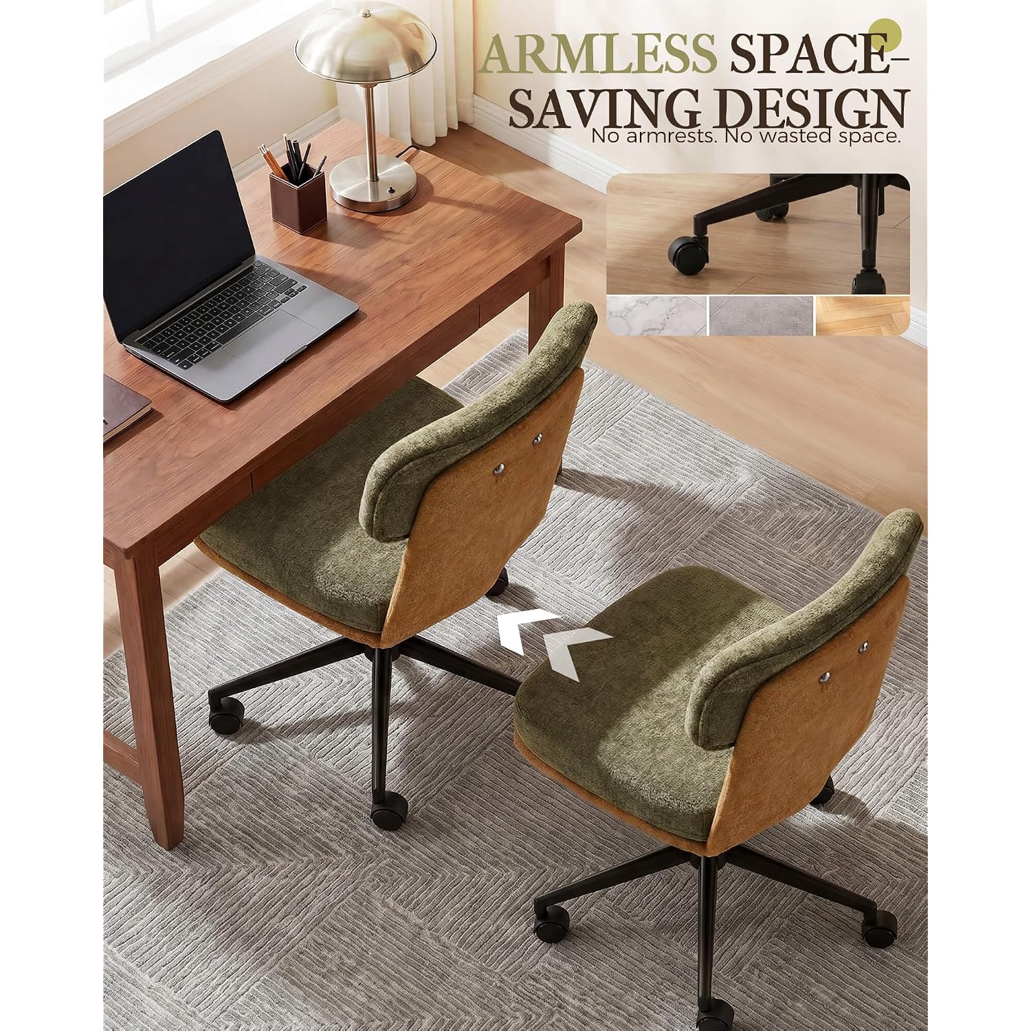 Comhoma Home Office Desk Chairs With Ergonomic Curved Backrest, Mid Century Modern Vanity Chair With Wheel For Bedroom, Chenille Upholstered, Green