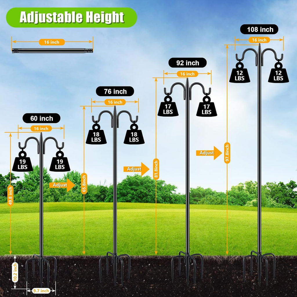 Bird Feeder Pole For Outdoors Heavy Duty, 92 Inch Double Shepherds Hook With 5-Prong Stable Base, 3/4 Inch Thick Hummingbird Feeder Stand For Hanging Plants, Lanterns, 1 Pack