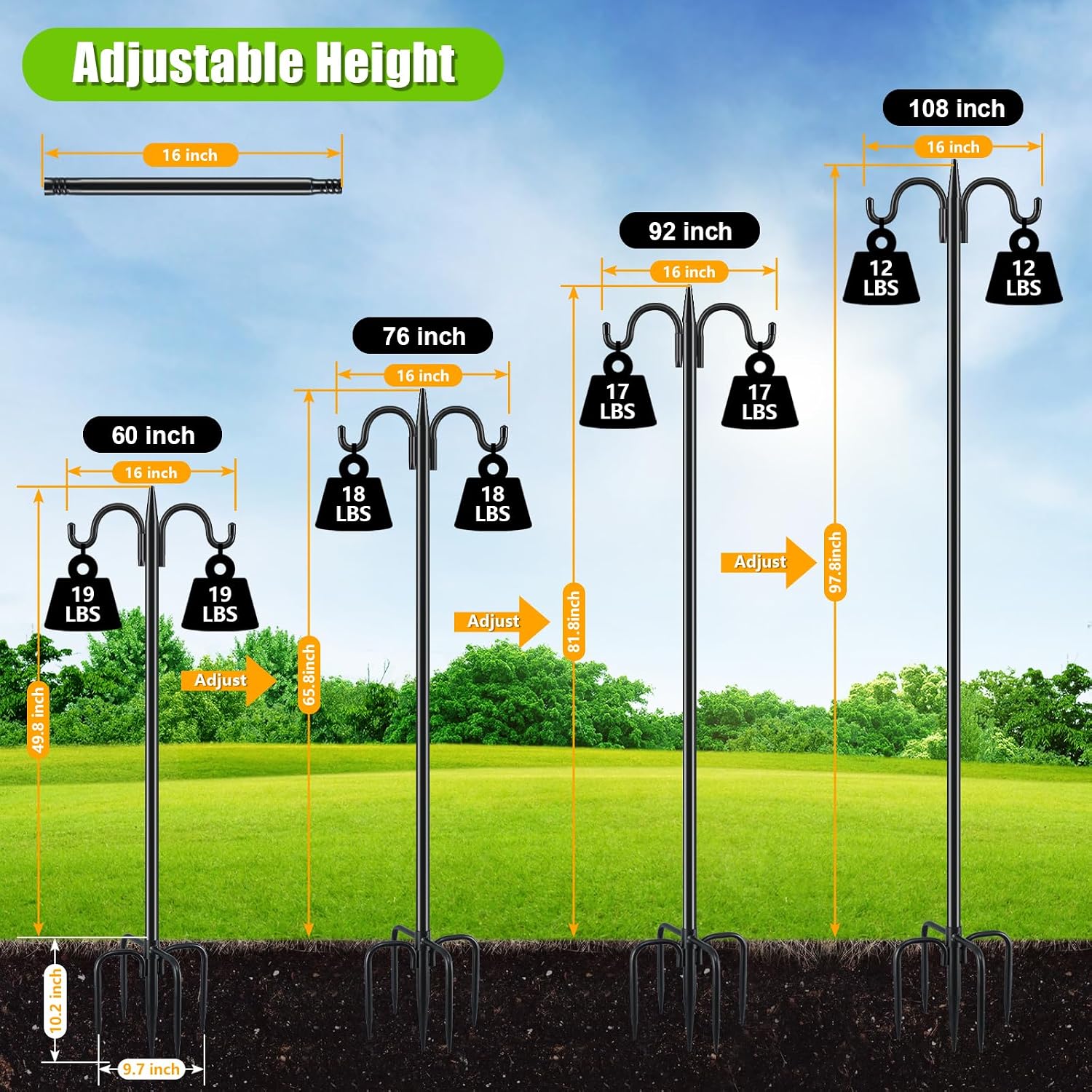 Bird Feeder Pole For Outdoors Heavy Duty, 92 Inch Double Shepherds Hook With 5-Prong Stable Base, 3/4 Inch Thick Hummingbird Feeder Stand For Hanging Plants, Lanterns, 1 Pack