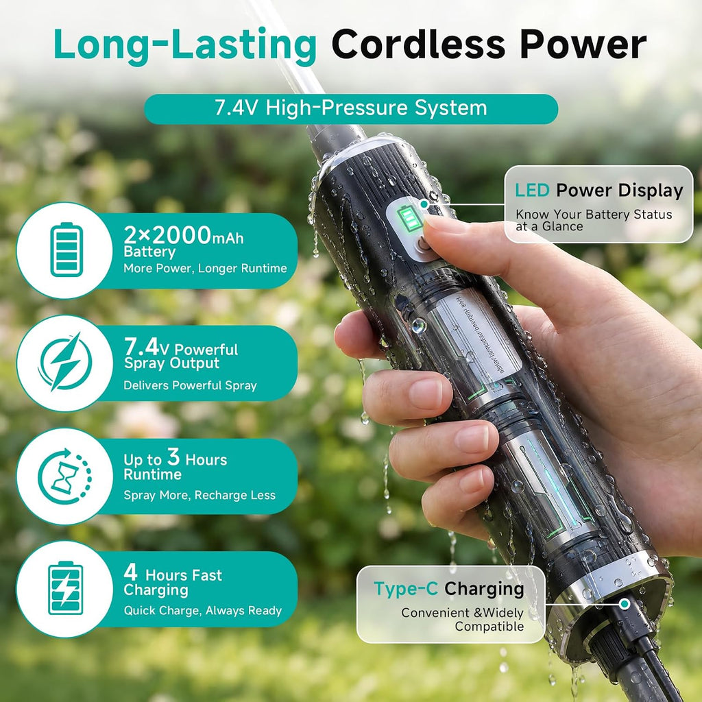 Battery Powered Garden Sprayer 2 Gallon, 7.4V High Pressure Rechargeable Weed Sprayer With 3 Pressure Mode, 5 Spray Nozzles, Telescopic Wand, Battery Indicator, Adjustable Strap For Lawn Garden, Green