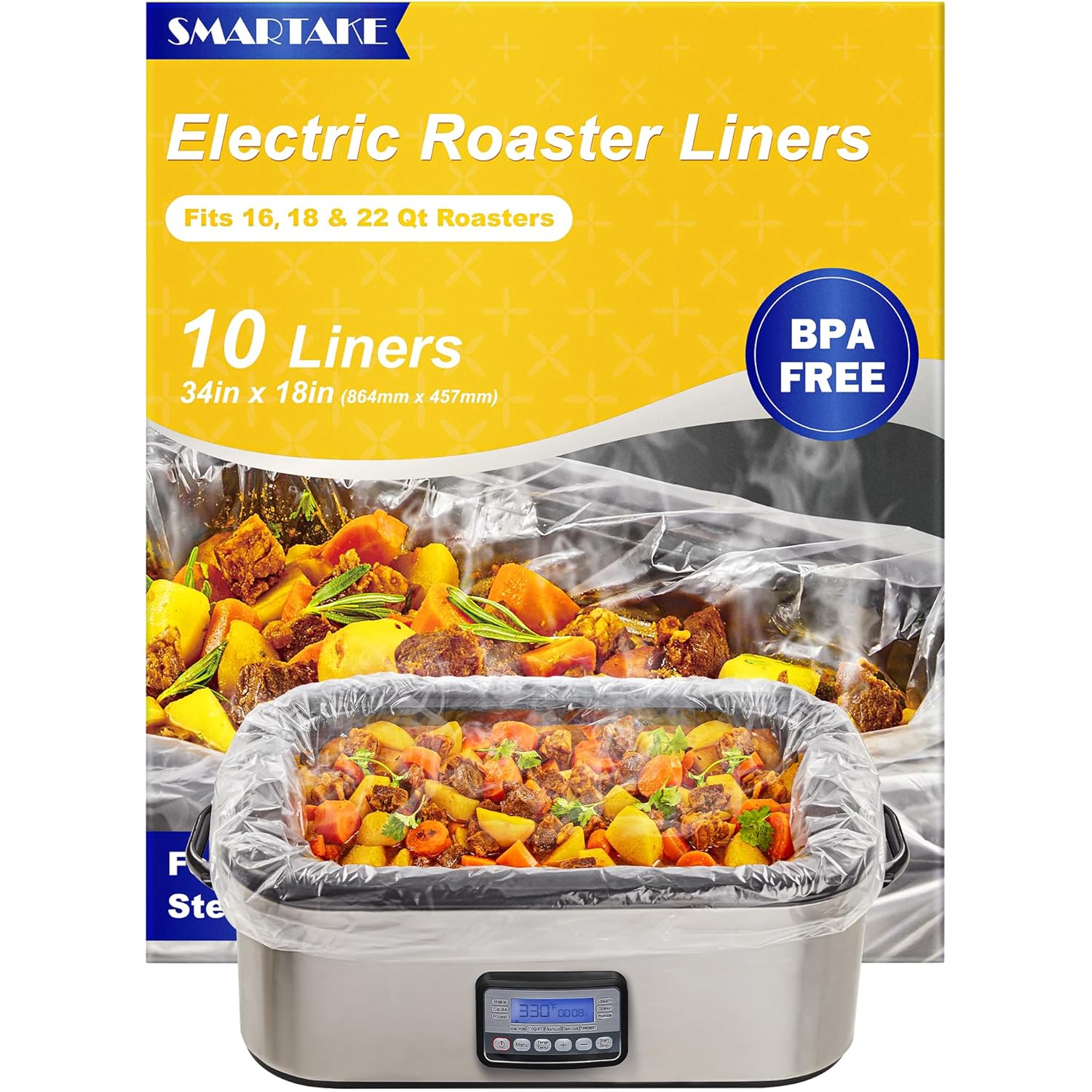 SMARTAKE Electric Roaster Liners, 10 Count Disposable Roaster Liners, Fits 16, 18, 22 Quart Roasters, Roaster Pan Oven Liners Plastic Cooking Bags for Instant Cleanup, 18 x 34 Inch