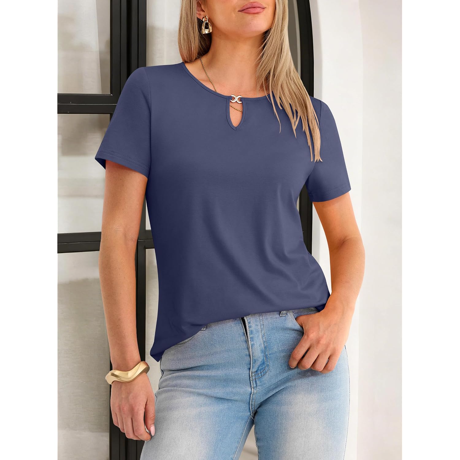 Anrabess Womens Short Sleeve Tops Summer Tshirts Cute Keyhole Neck Casual Basic Tee Dressy Work 2026 Spring Trendy Outfits