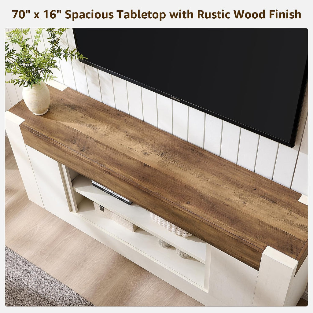 Okd Modern 70" Tv Stand, Entertainment Center For Tvs Up To 80", Media Console With Large Open Storage & Side Cabinets, Thick Wood Design For Living Room, Antique White