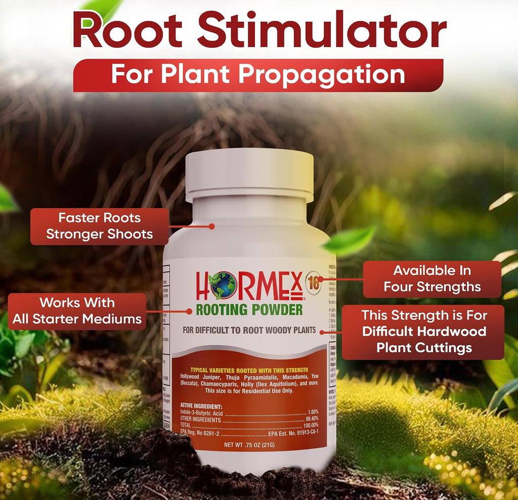 Hormex Rooting Powder #16 (1.60% Iba) For Difficult Hardwood Plants & Trees - Maximum Strength Root Powder, Root Stimulator For Plants, Rooting Hormone For Cuttings, Cloning, & Propagation