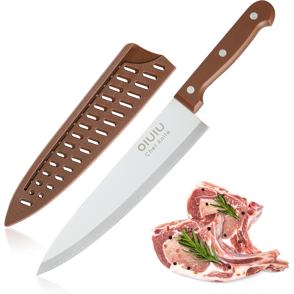 Olulu 8 Inch Chef Knife, Razor Sharp Kitchen Knife With Protective Knife Sheath, Razor Sharp Slicing Knife With Ergonomic Handle, German Stainless Steel, Dishwasher Safe (Brown Color)