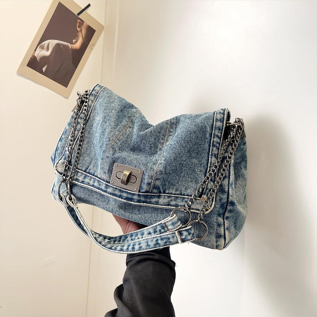 Large Denim Purses For Women Denim Tote Bag Casual Retro Crossbody Lightweight Shoulder Bag Canvas Handbags