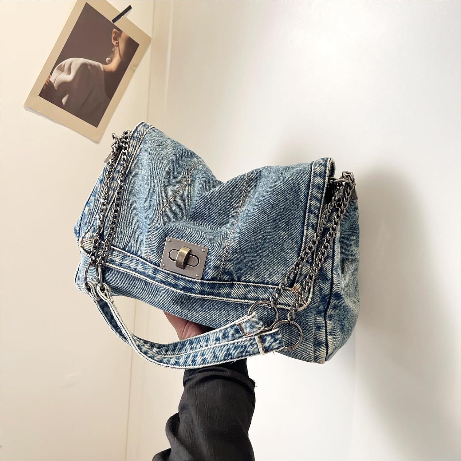 Large Denim Purses For Women Denim Tote Bag Casual Retro Crossbody Lightweight Shoulder Bag Canvas Handbags
