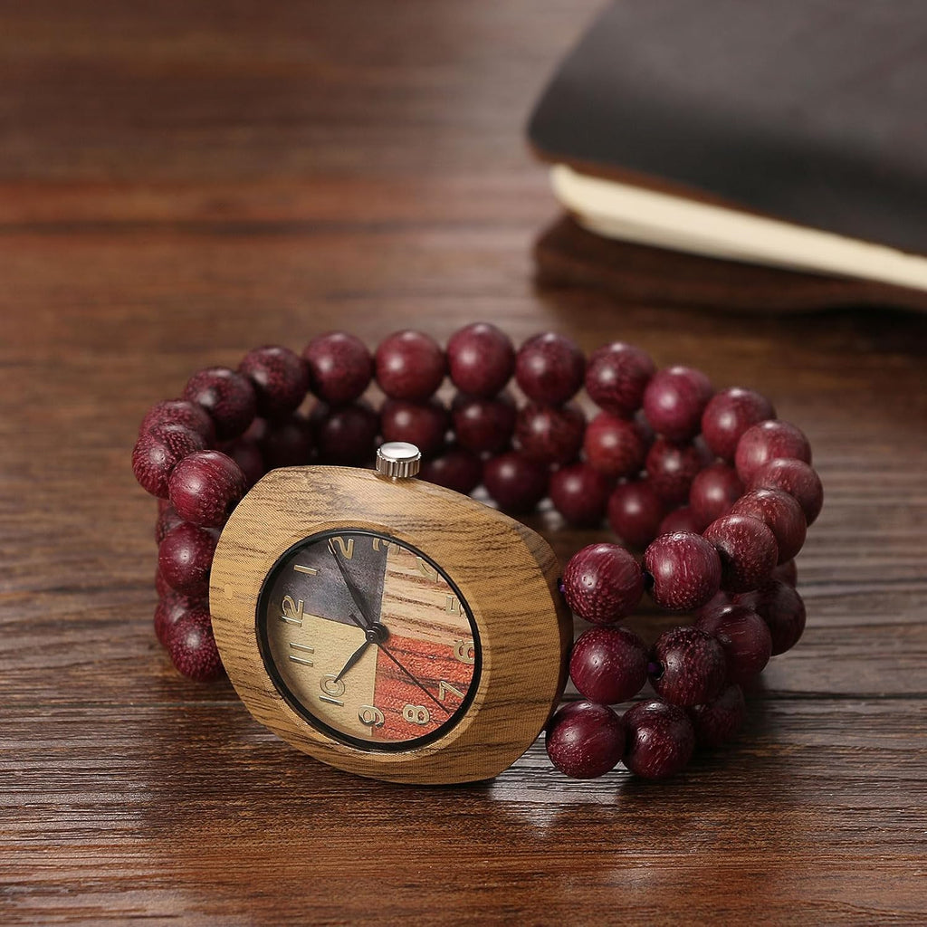 Avaner Women's Elastic Wrist Watches: Wooden Beaded Stretch Strap Handmade Analog Quartz Arabic Numerals Beads Bracelet Watch