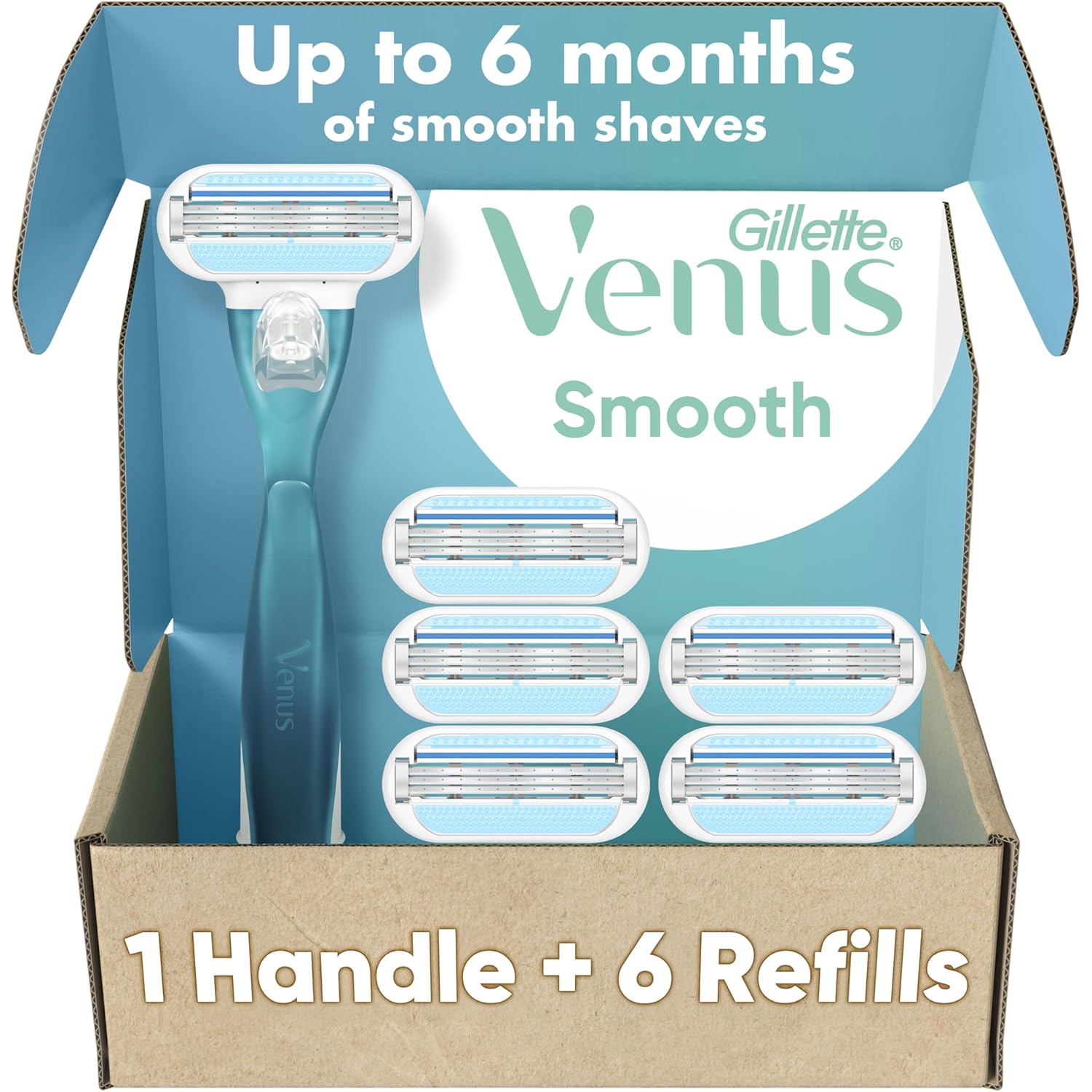 Gillette Venus Smooth Women's Razor Handle + 6 Refills with Soft-Grip Gel Handle