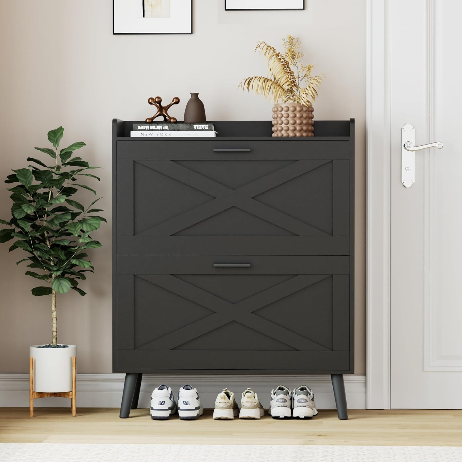 Farmhouse Shoe Storage Cabinet With Flip Drawers & Barn Door Design | Slim Narrow Shoe Rack Cabinet With Adjustable Shelves & Hidden Storage For Entryway, Foyer, Hallway, Living Room, Black
