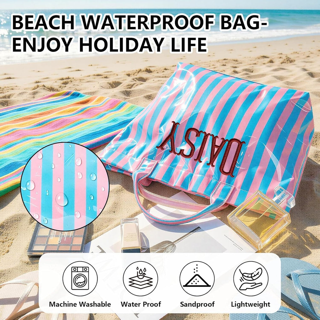 Personalized Beach Tote Bag with Name, Custom Embroidery Waterproof Striped Tote for Women, Large Capacity PVC Handbag for Summer Travel, Lightweight Beach Bag Gift for Mom Bridesmaid Birthday. | Waterproof fabric