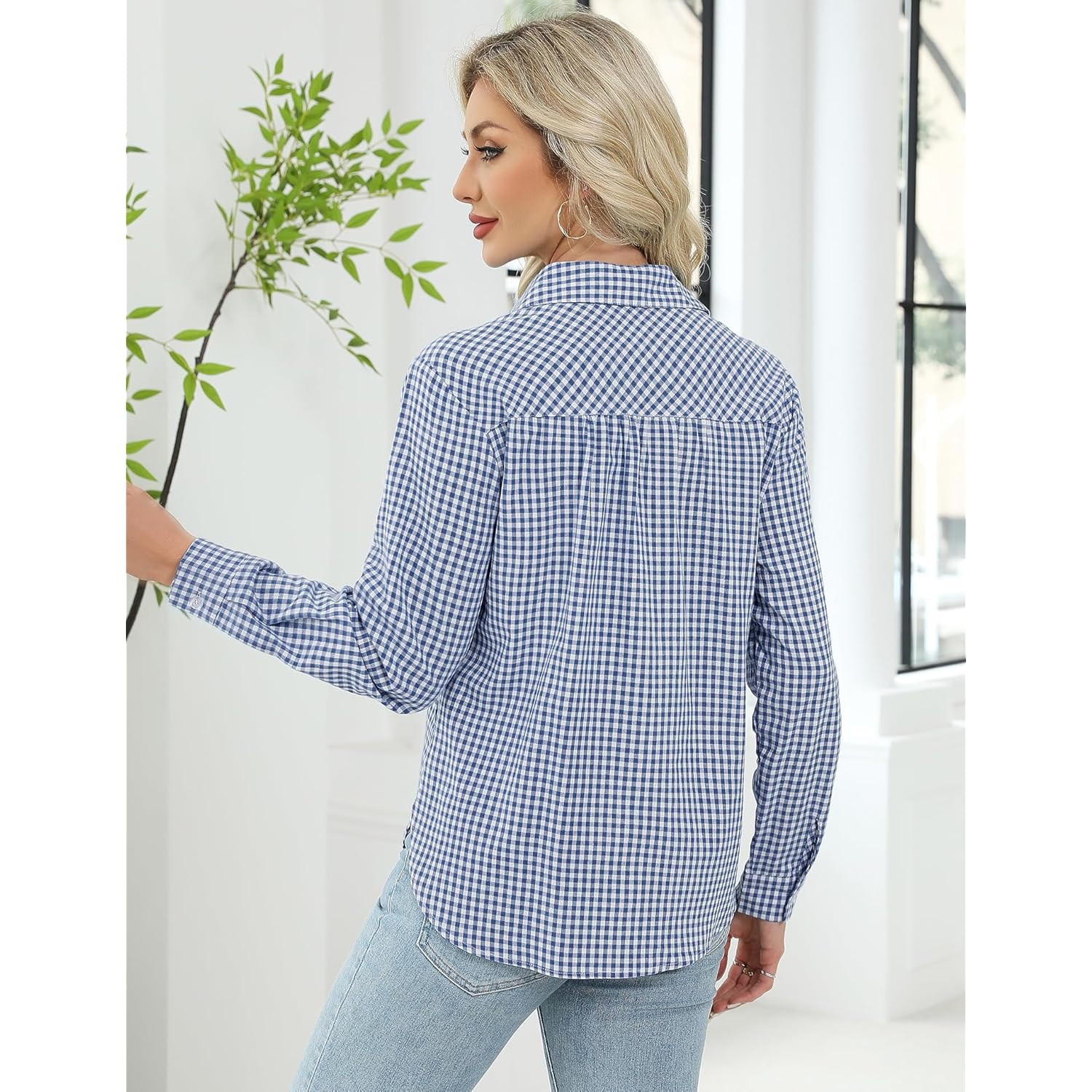 Womens Long Sleeve Button Down Shirts Casual Loose Fit Cotton Collared Blouses
