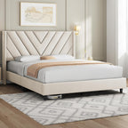Yaheetech Queen Bed Frame With Chevron Channel-Tufted Headboard, Beige