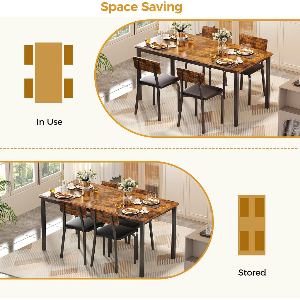 Ironck 5-Piece 63" Extendable Dining Table With 4 Upholstered Chairs, Kitchen Table Set For 4-8 People, Dining Room Sets With Mdf Wood Board, Drop Leaf Table Design For Space Saving, Rustic Brown
