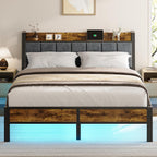 Liians Queen Size Bed Frame With Wood Headboard, Metal Platform Bed With Usb Charging Station And Smart Led Lights, No Box Spring Needed, Easy Assembly