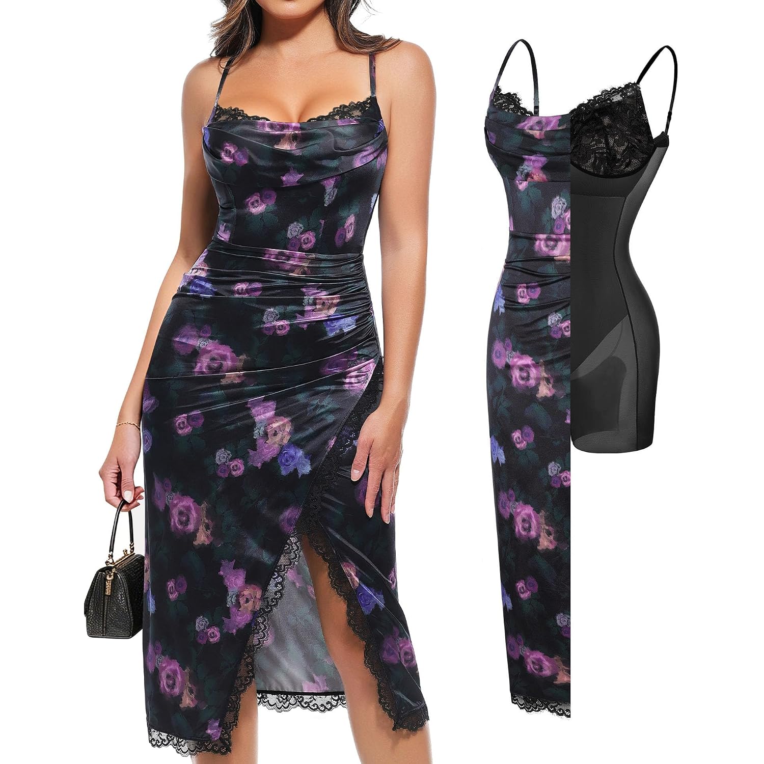 Popilush Satin Corset Dress Tummy Control Midi Dress Cocktail Date Night Classy Dresses With Lace Trim Bra