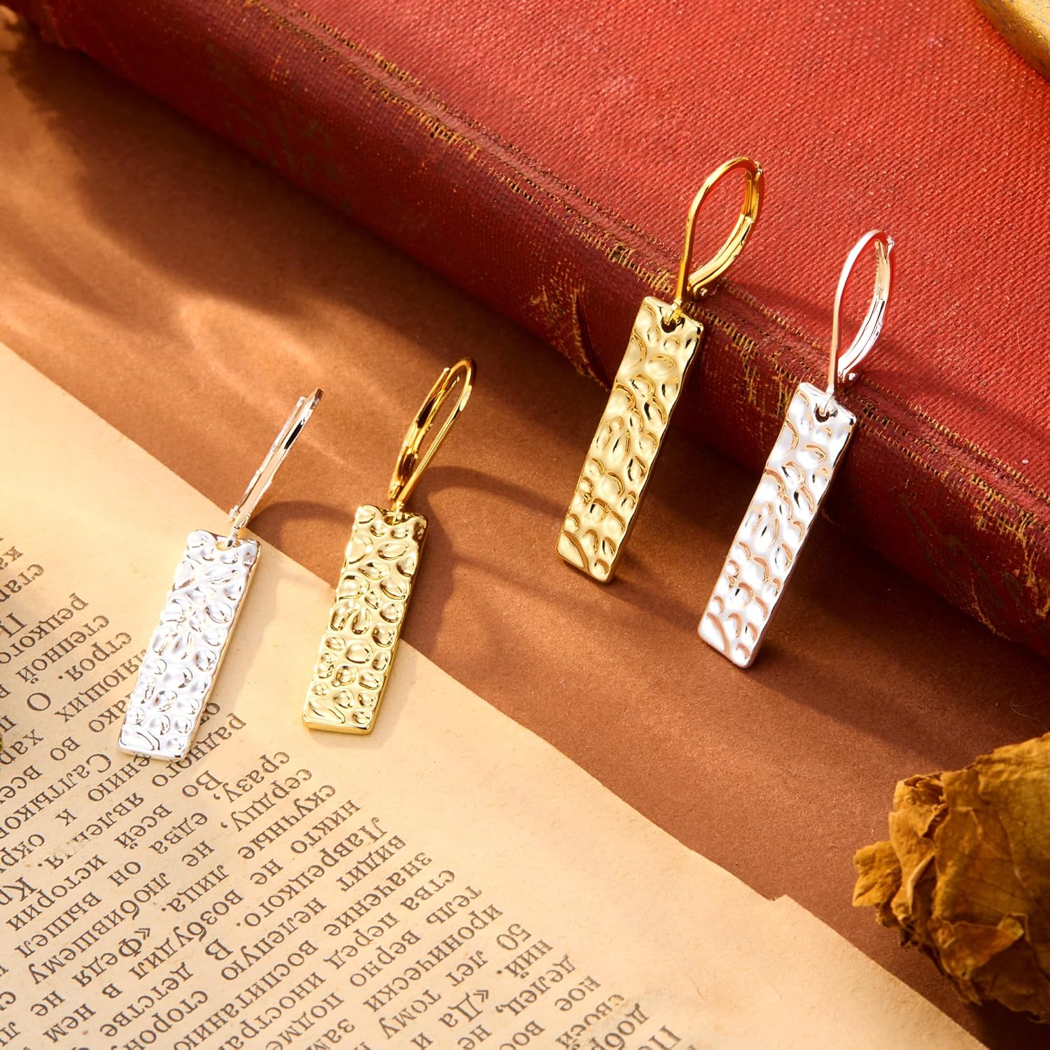 ALEXCRAFT 925 Sterling Silver Dangle Earrings for Women, 14K Gold Plated French Leverback Earrings, Hypoallergenic Lightweight Statement Hammer Square Bar Long Drop Earing for Women Trendy Jewelry
